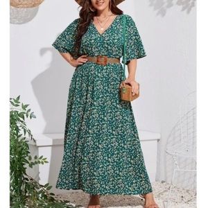 Boho green floral V neck butterfly sleeve dress